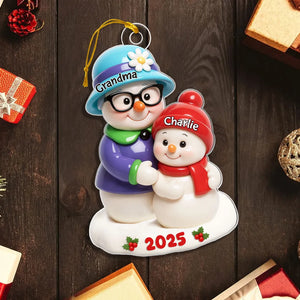 Snowman Grandma Hugging Grandkids 3D Effect - Personalized Acrylic Ornament - Christmas Gift For Grandma