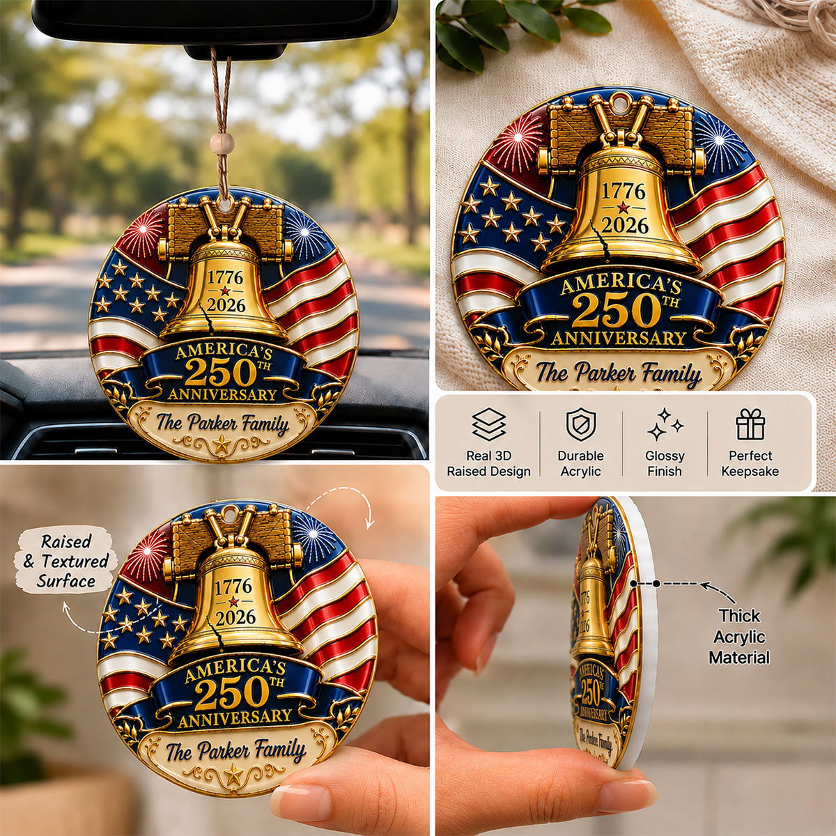 America 250 Bell Family Christmas - Proud Family Ornament - Real 3D Raised Ornament