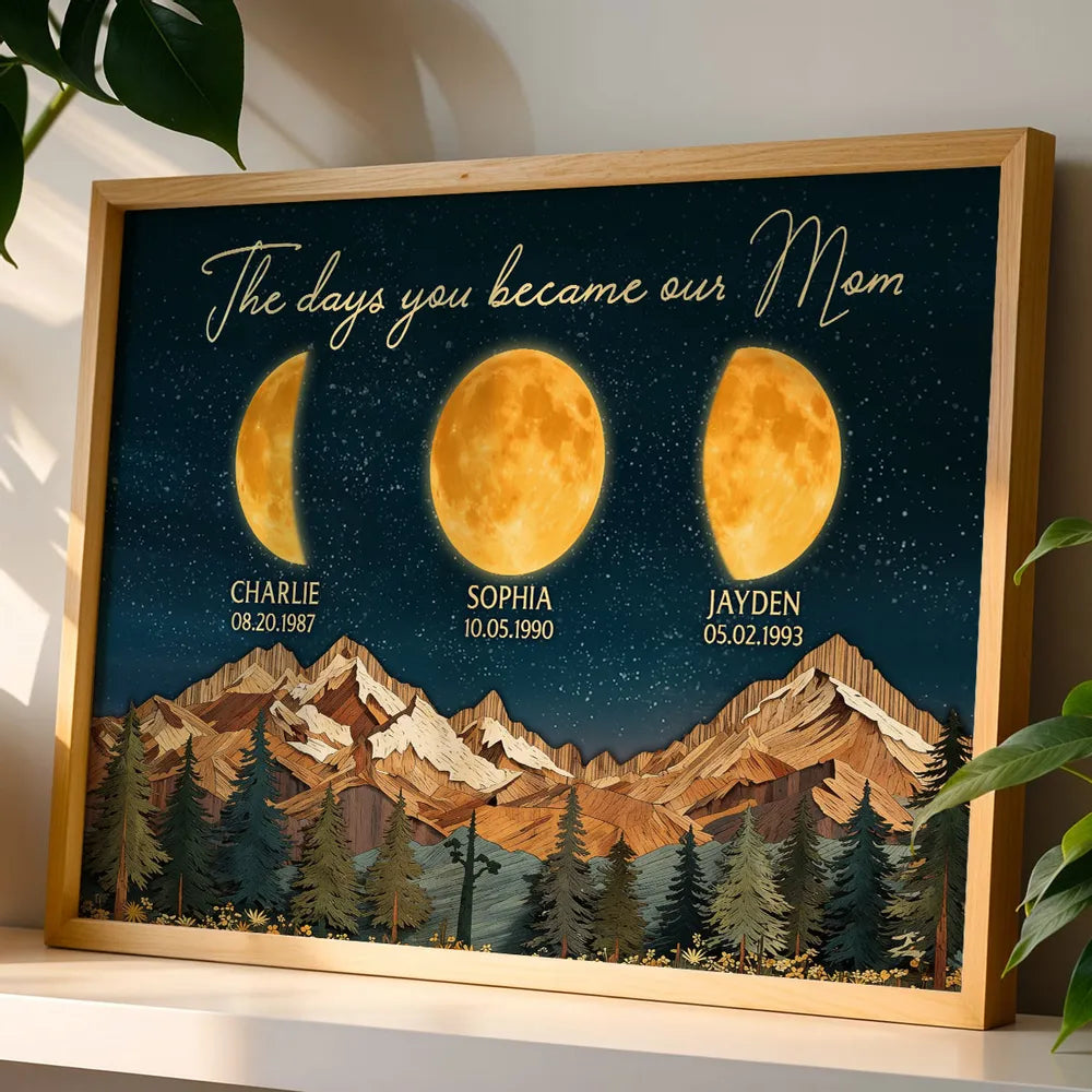 Mountain Valley The Day You Became Mom Grandma Custom Birth Moon Phase - Personalized Canvas - Mother's Day Gift For Mom, Grandma