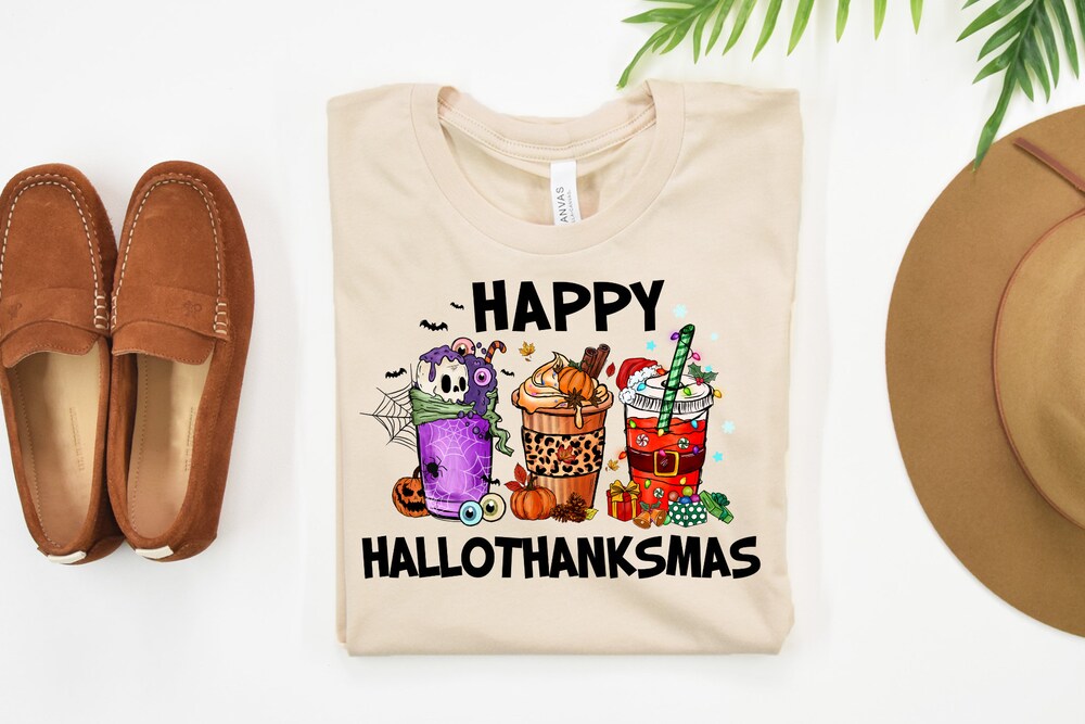 Happy Hallothanksmas Shirt, Halloween Christmas Thanksgiving Shirt, Funny Holiday Iced Coffee Shirt, Gift For Her, Coffee Lovers Gift, 4.jpg