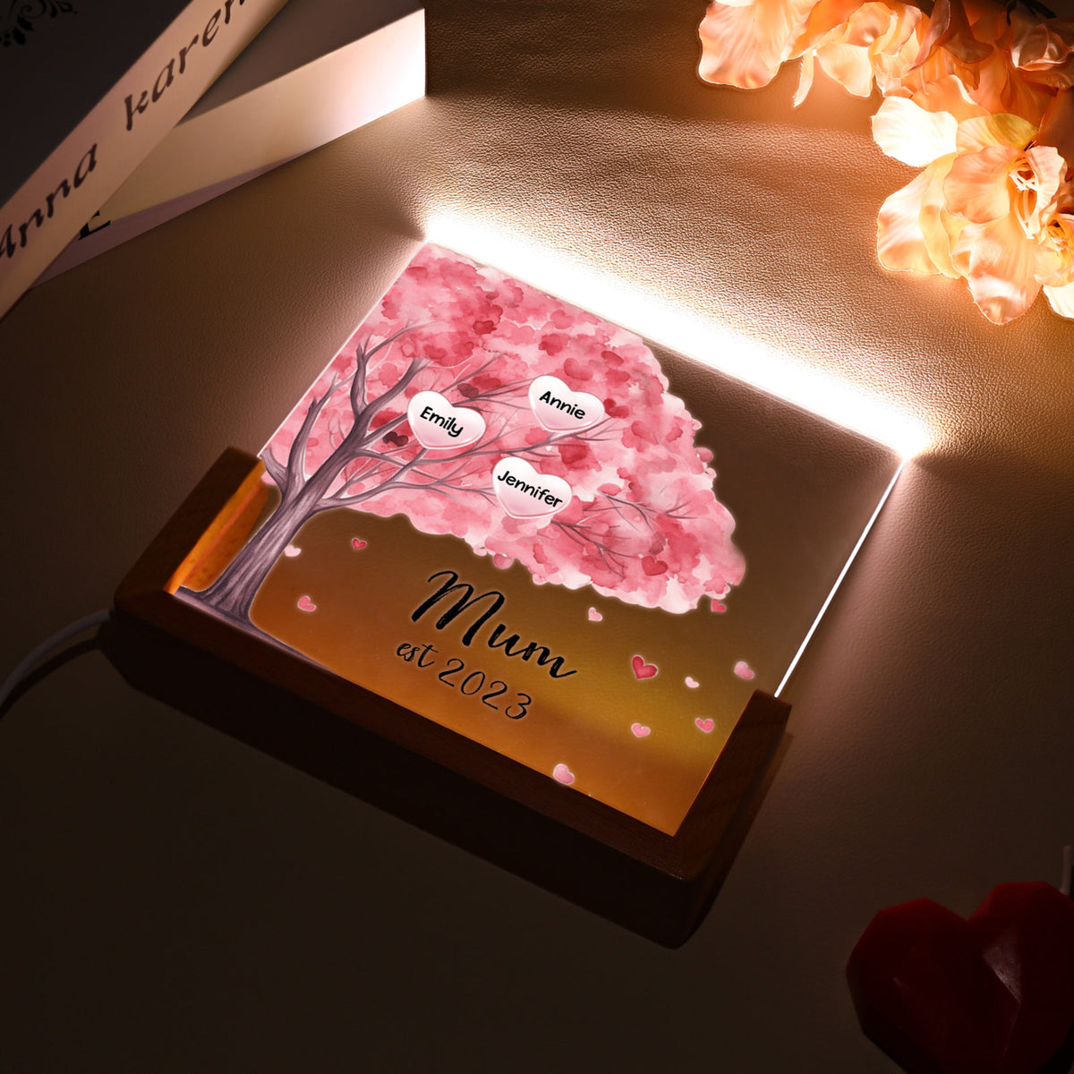 Pink Tree With Kids Name - Personalized Desk Name Plate - Mother's Day Gift For Mom, Grandma