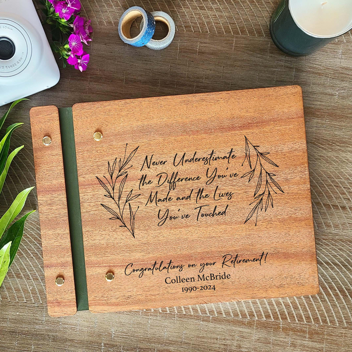 Custom Engraved Retirement Guestbook | Personalized Retirement Gift for Him & Her | Wooden Memory Book