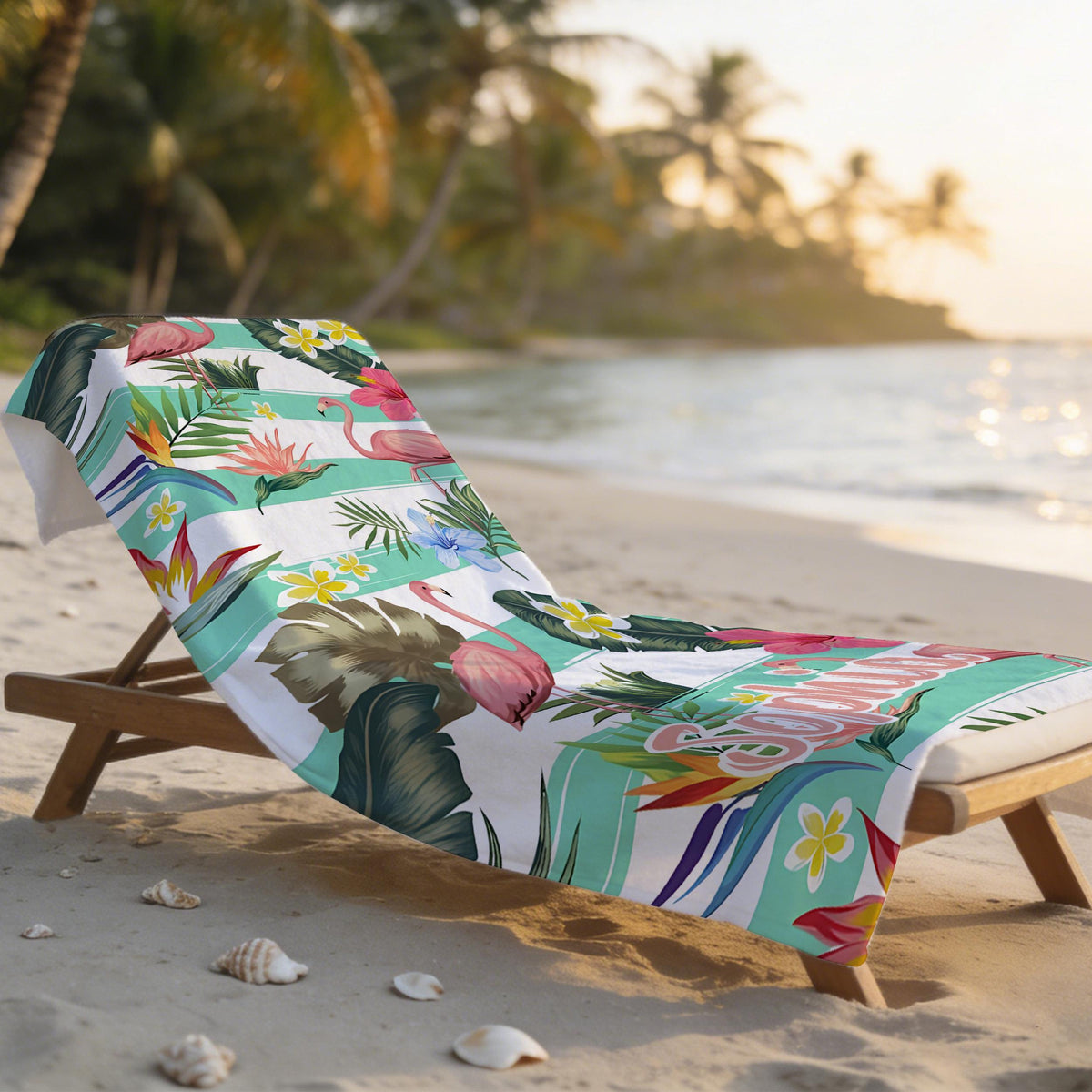 Custom Flamingo Tropic Summer Beach Towel, Flamingo Jungle Theme Gift, Custom Name Holiday Travel Bath Towel, Beach Lover's Gift, Gift for Girls