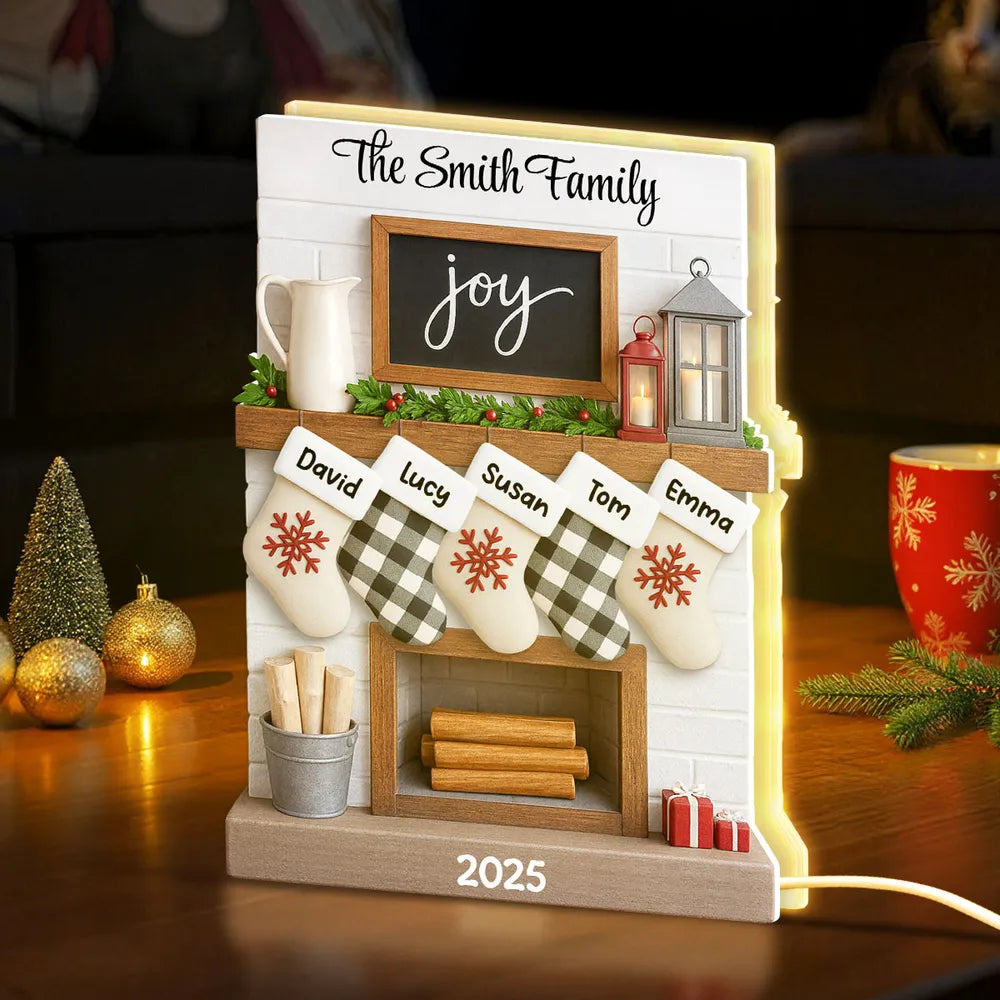 Family Fireplace Mantle Tree Home Stocking Stuffer - Personalized Light Box - Gift For Family, Christmas Home Decoration