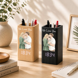 Custom Watercolor Photo - Personalized Pen Holder With Clock - Gift For Couple, Gift For Family