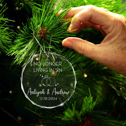 Custom No Longer Living In Sin Ornament, Just Married Christmas Ornament, First Year Married Gift for Newlyweds, Anniversary Gift for Couple