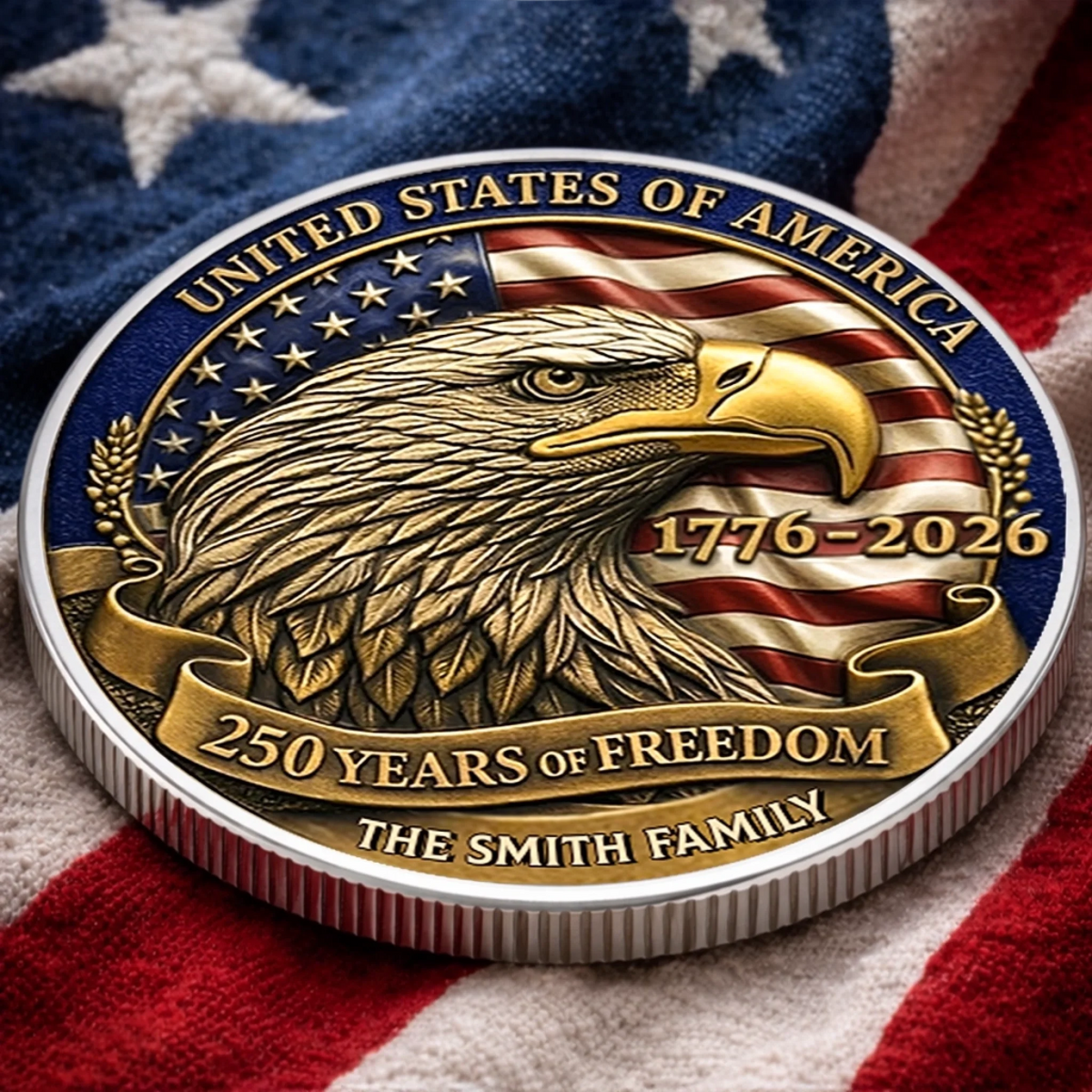 Patriotic Eagle Family Keepsake Metal Coin Personalized 4th of July Commemorative Challenge Coin, 250 Years of Freedom American Family Gift