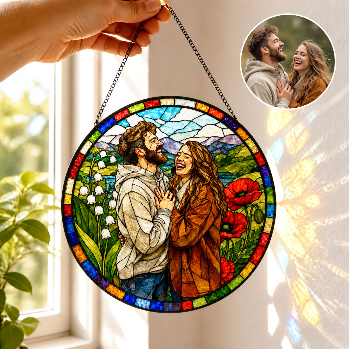 Custom Photo Suncatcher, Personalized Stained Glass Window Hanging, Couple Portrait Gift, Photo to Glass Art, Unique Picture Keepsake