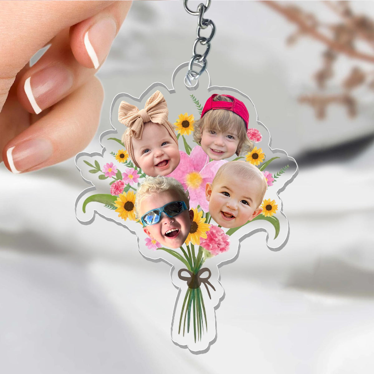 Personalized Gift For Mom Grandma, Custom Kids Face Flower Bouquet Keychain, Grandma Keychain Gift, Baby Face Keychain