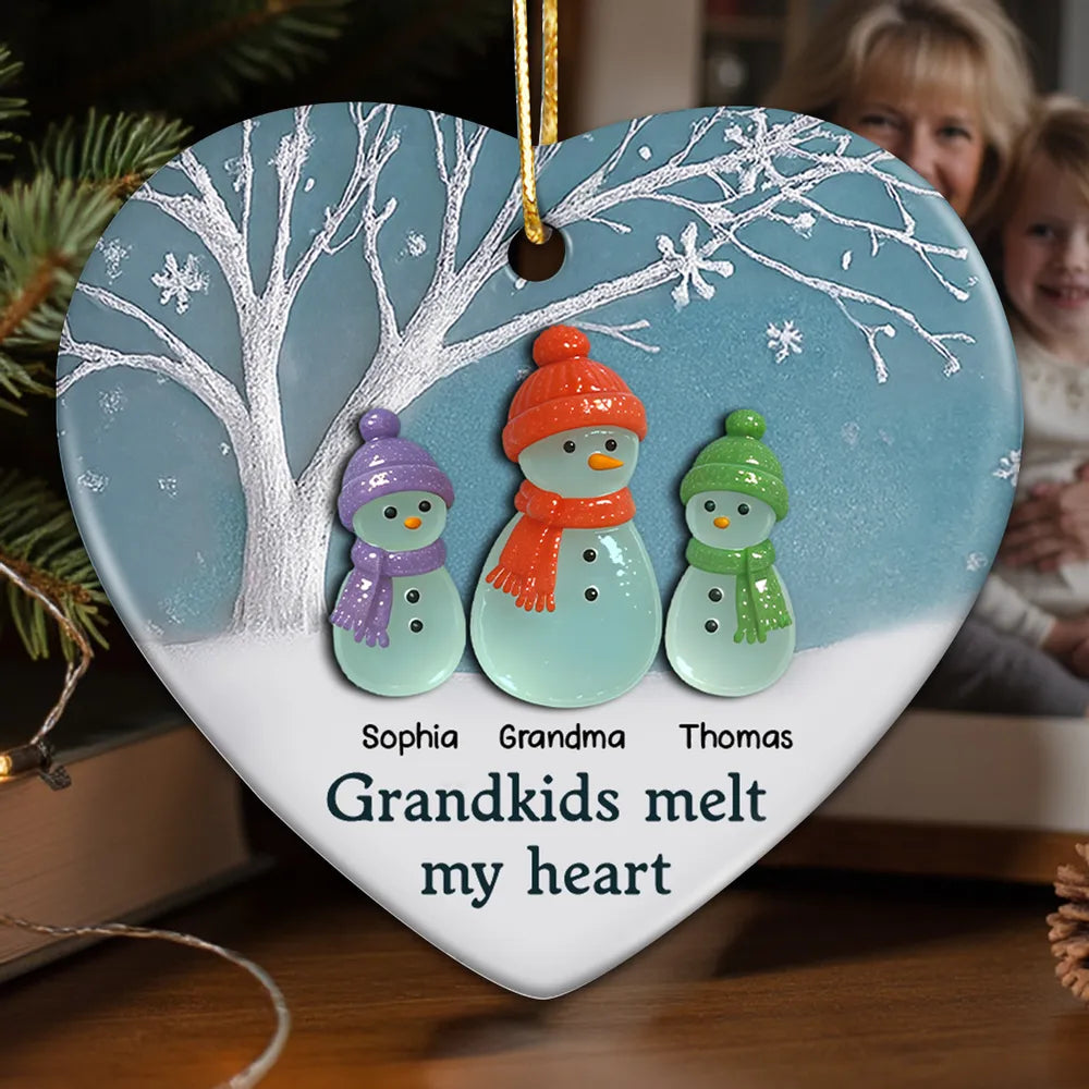3D Effect Sea Glass Snowman Grandma & Grandkids - Personalized Ceramic Ornament - Christmas Gift For Grandchildren, Grandma