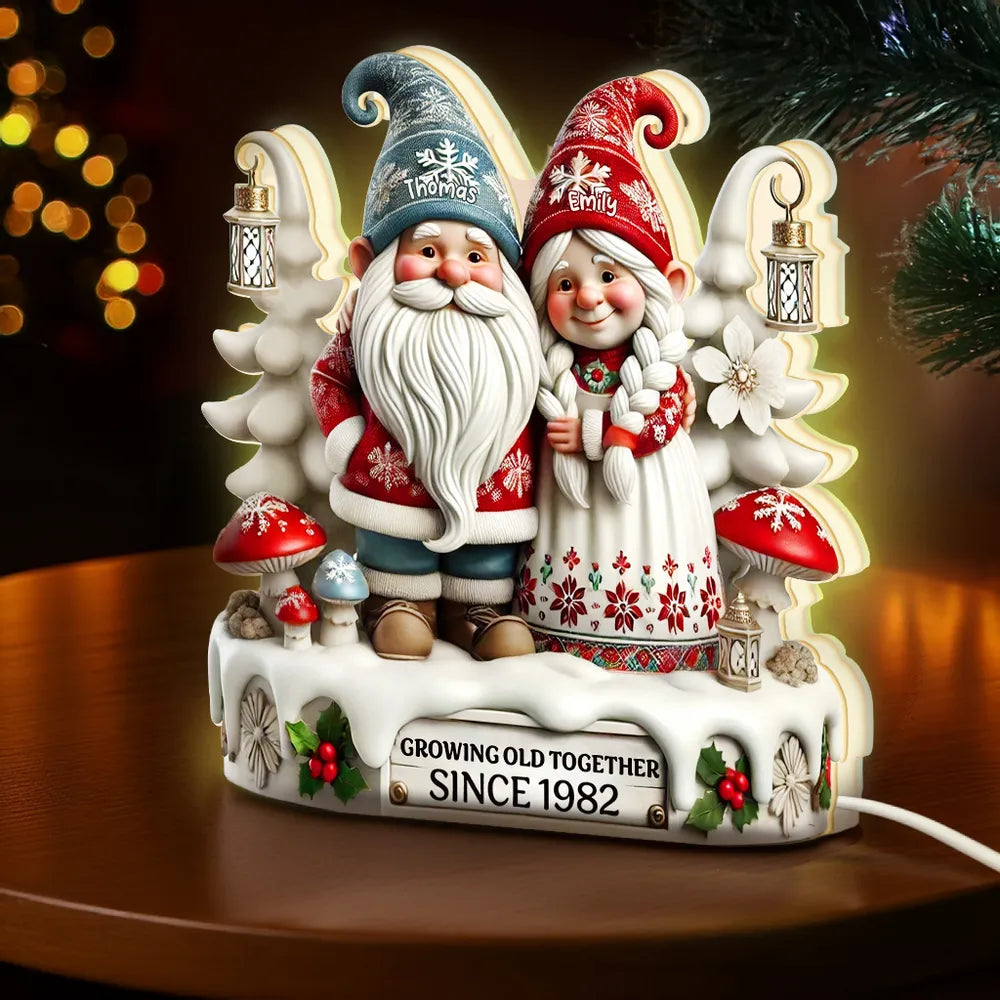 3D Effect Christmas Gnome Couple Growing Old Together - Personalized Acrylic Light Box - Christmas Gift For Couple