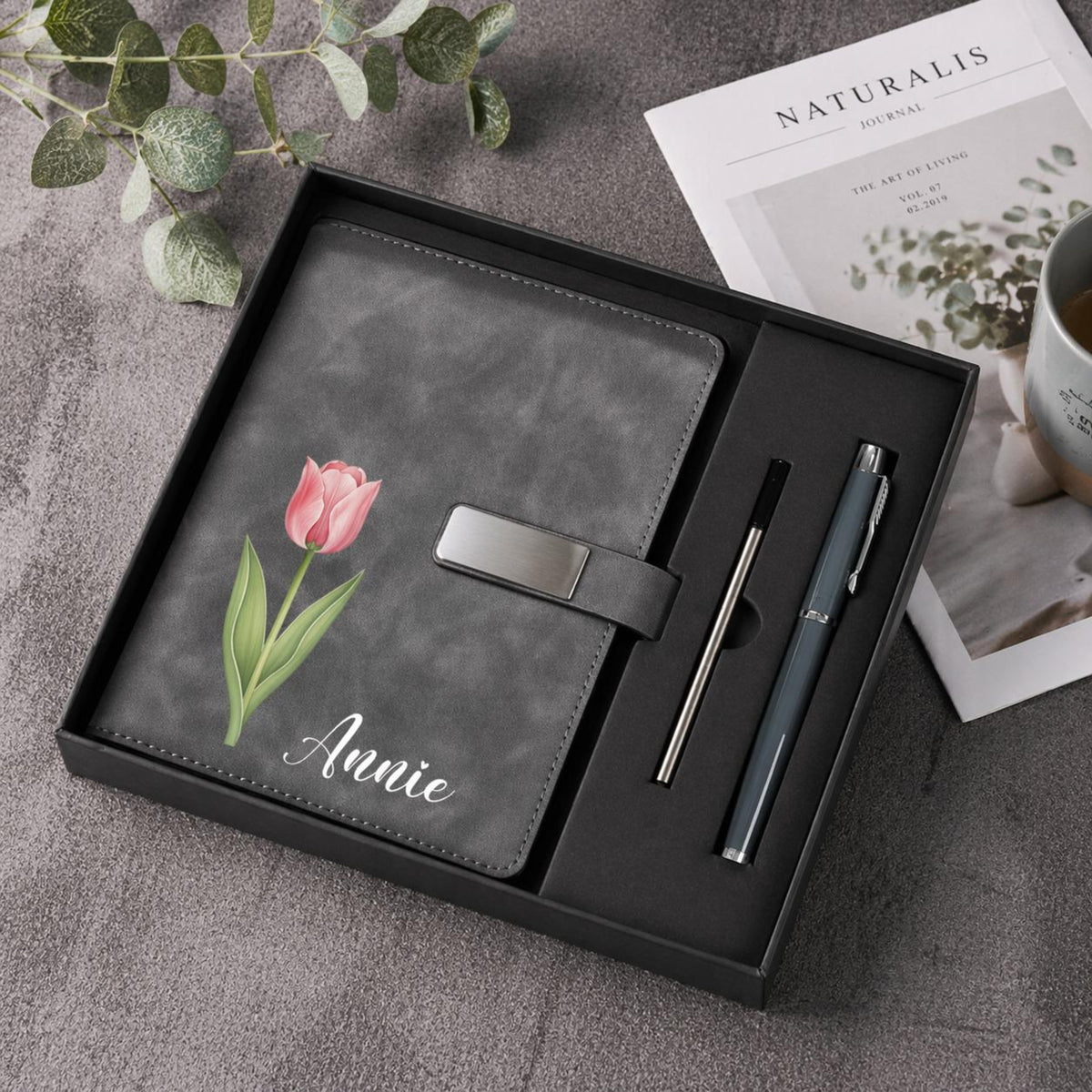 Personalized Birth Flower Leather Notebook With Pen, Custom Leather Journal For Daughter Graduation, Friend & Colleague Birthday Gift
