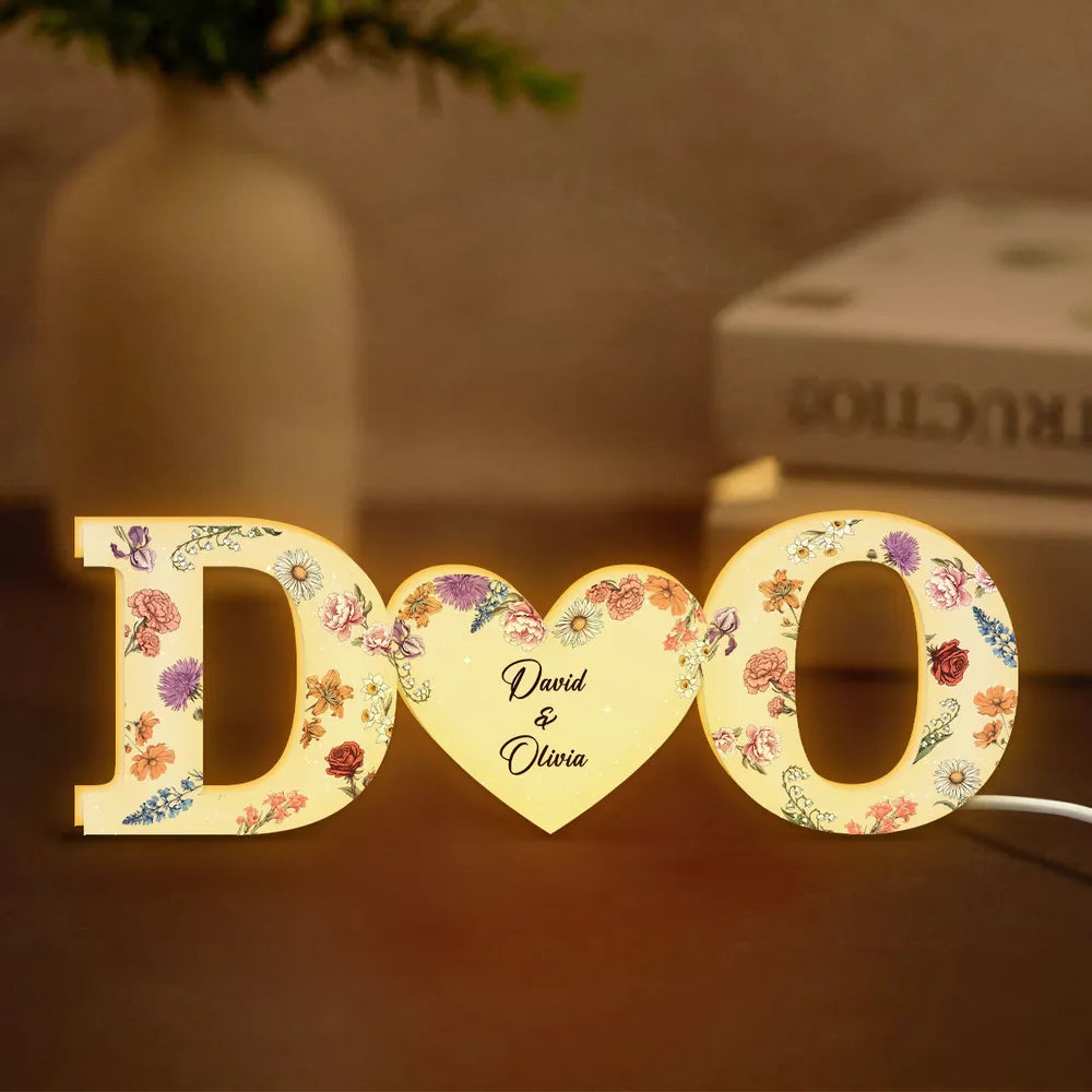 Couple Initials Floral Theme - Personalized Acrylic Light Box - Anniversary Gift For Couple