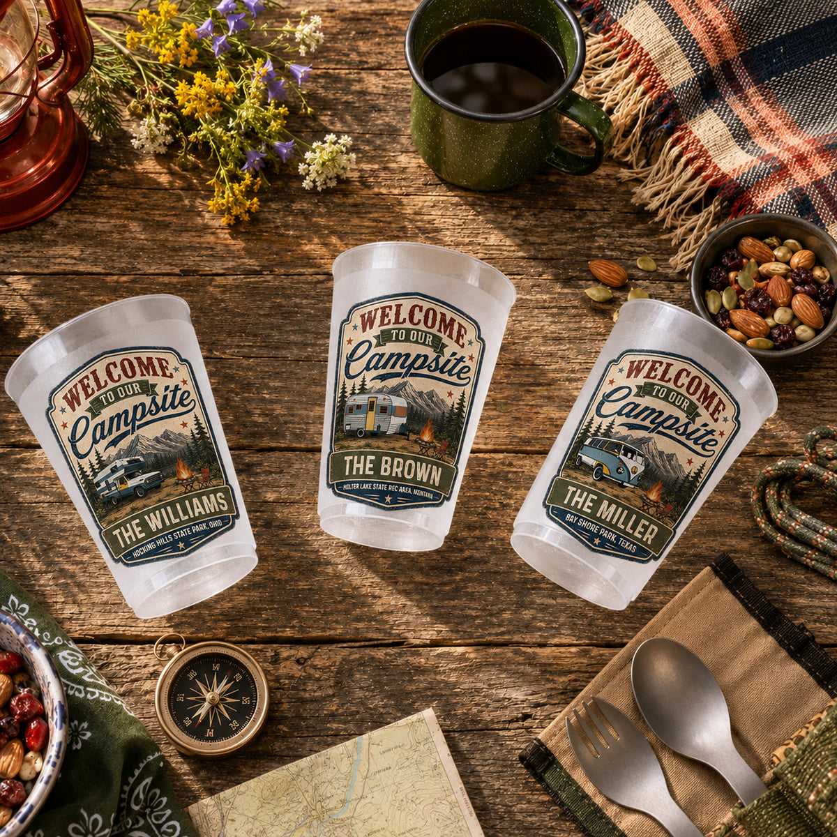 Welcome To Our Campsite - Personalized Frosted Plastic Cup - Gift For Family, Camping Drinking Accessory, Outdoor Cups