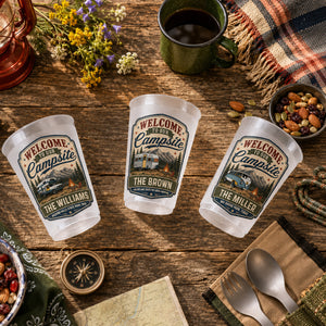 Welcome To Our Campsite - Personalized Frosted Plastic Cup - Gift For Family, Camping Drinking Accessory, Outdoor Cups