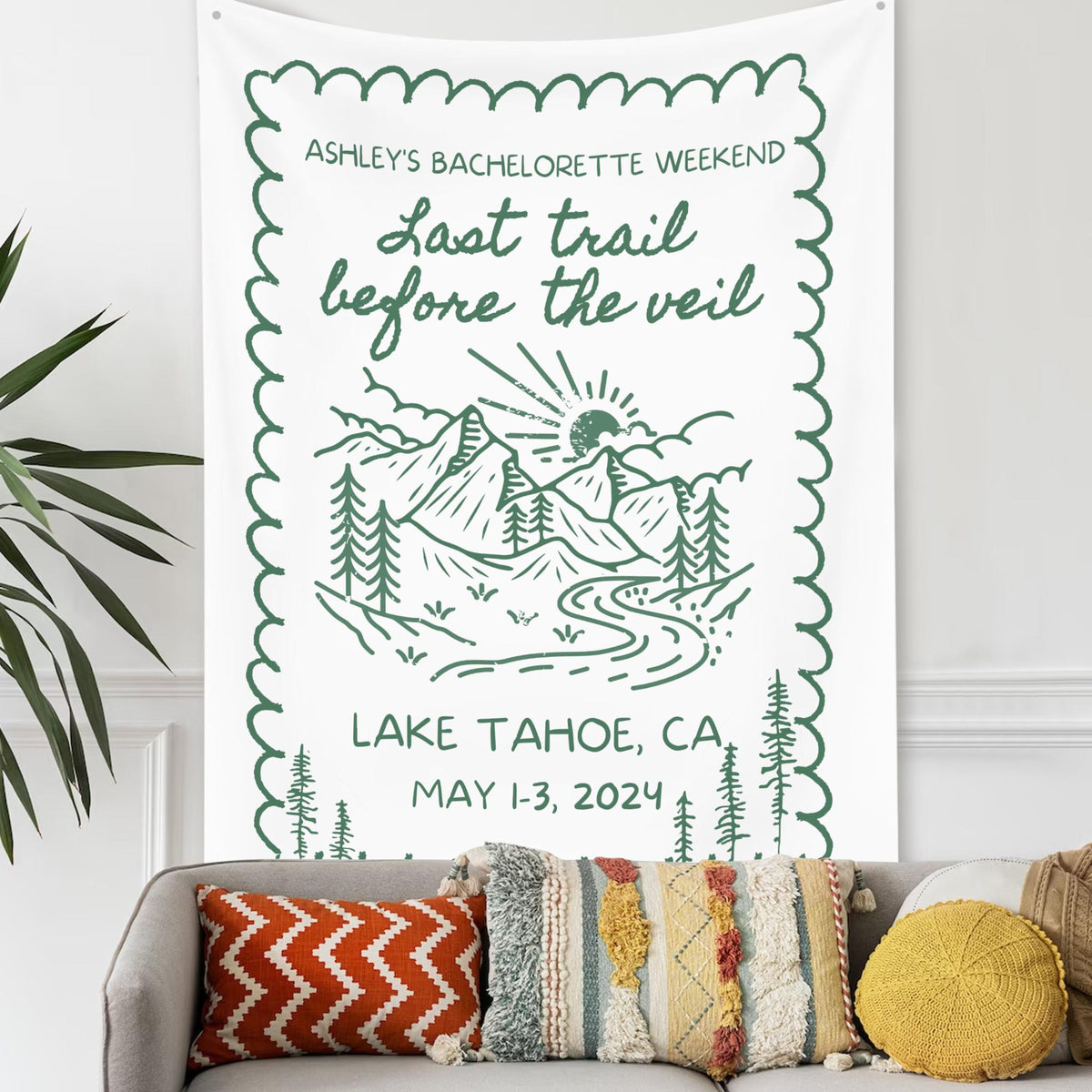 Custom Bachelorette Party Decor, Mountain Bachelorette Party Banner, Forest Bach Tapestry, Last Trail Before The Veil Hiking Bridal Shower