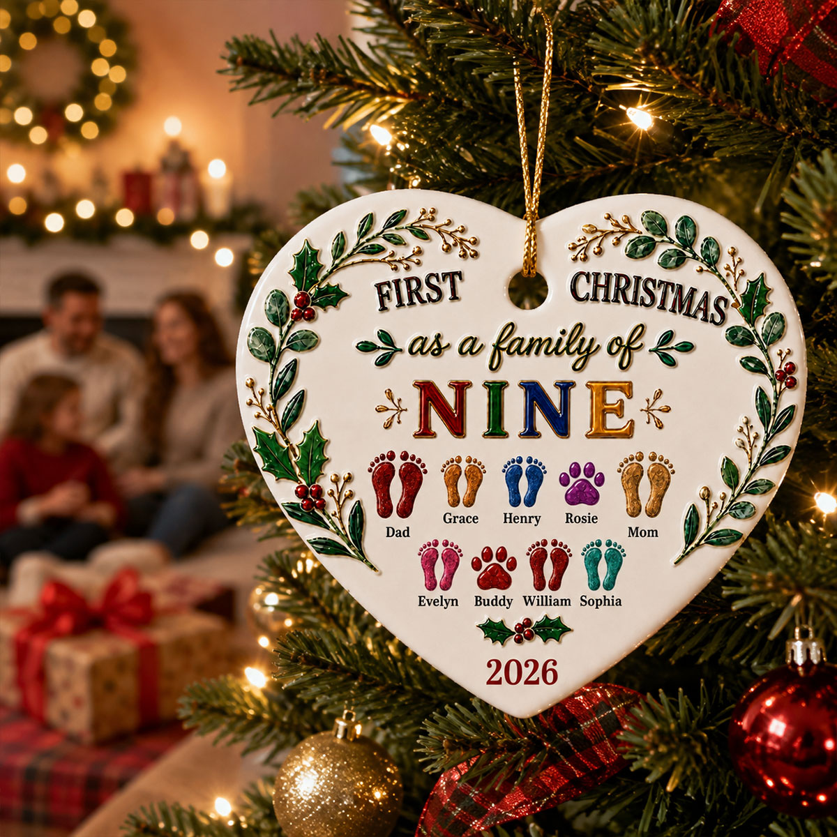 Our First Christmas 2026 - Personalized 3D Effect Heart Ceramic Ornament
