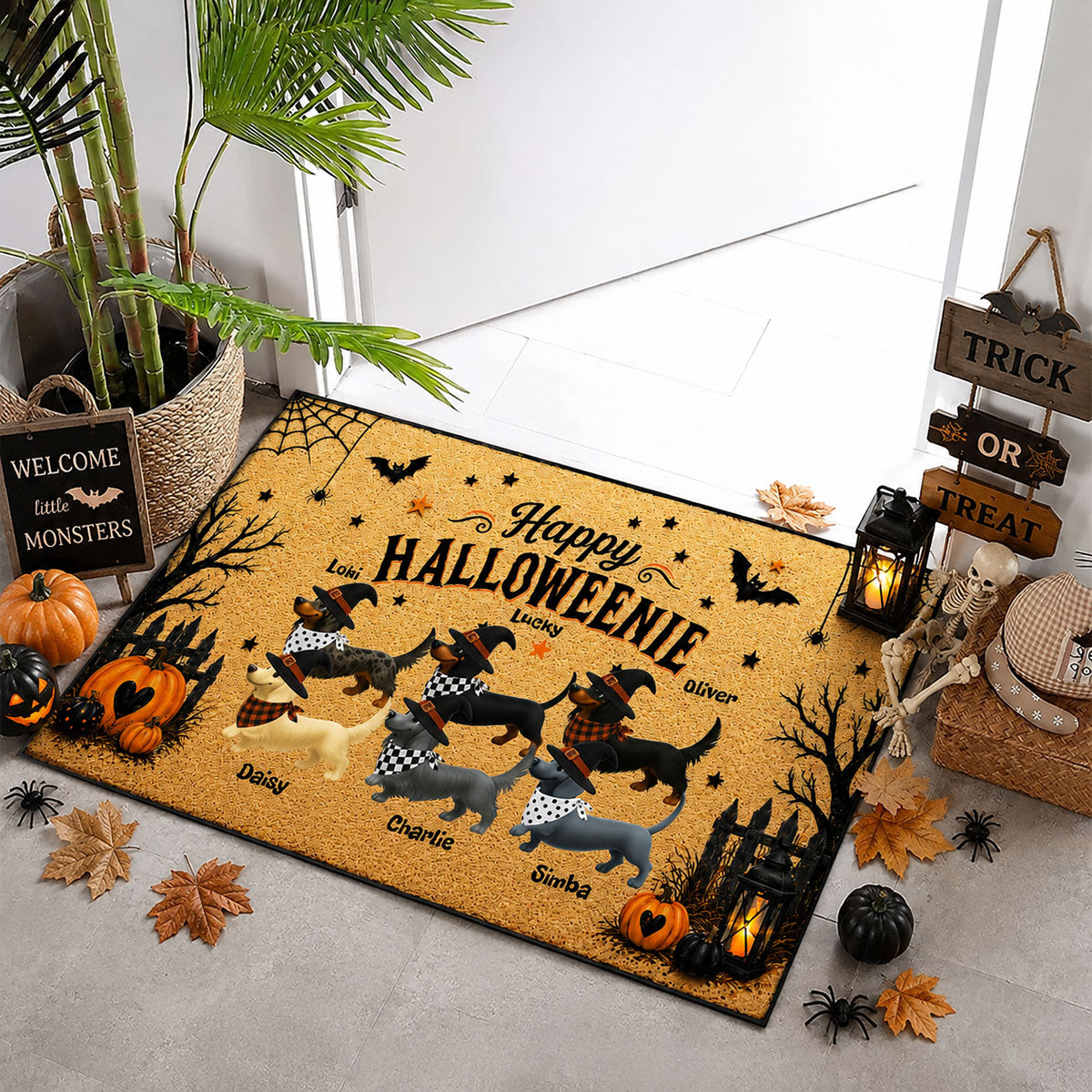 Halloween Dachshund Happy Halloweenie - Personalized Doormat - Halloween Decorations For Dachshund Lovers