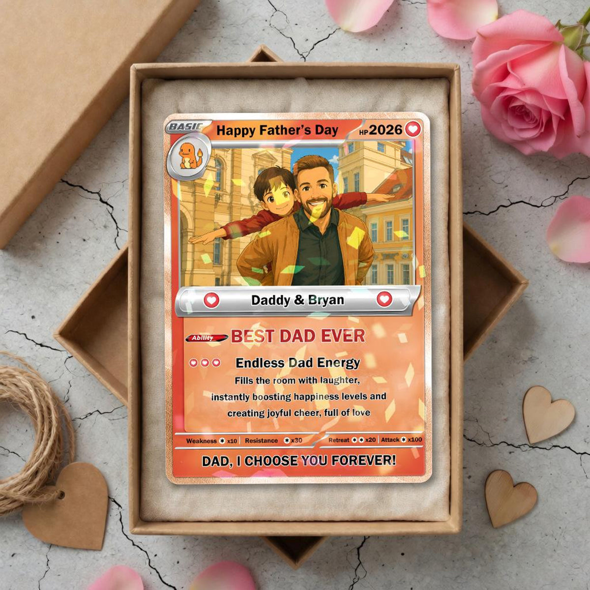 Personalized PKM Father's Day Card, Custom Dad Photo Card, Best Dad Ever, Custom PKM Character Card for Him, Gamer Dad Gift