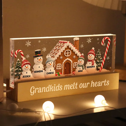 3D Effect Snowman Family In Snow - Personalized LED Light Wooden Base - Christmas For Family
