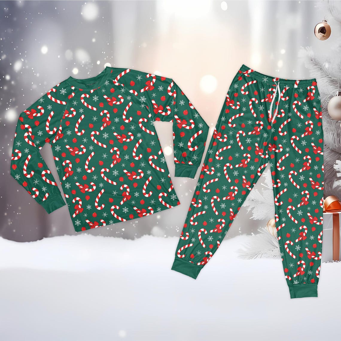 Coquette Bow Candy Cane Christmas Pajamas, Preppy Christmas Long Sleeve Two Piece Pajama Set, Festive Xmas Holiday Loungewear Set