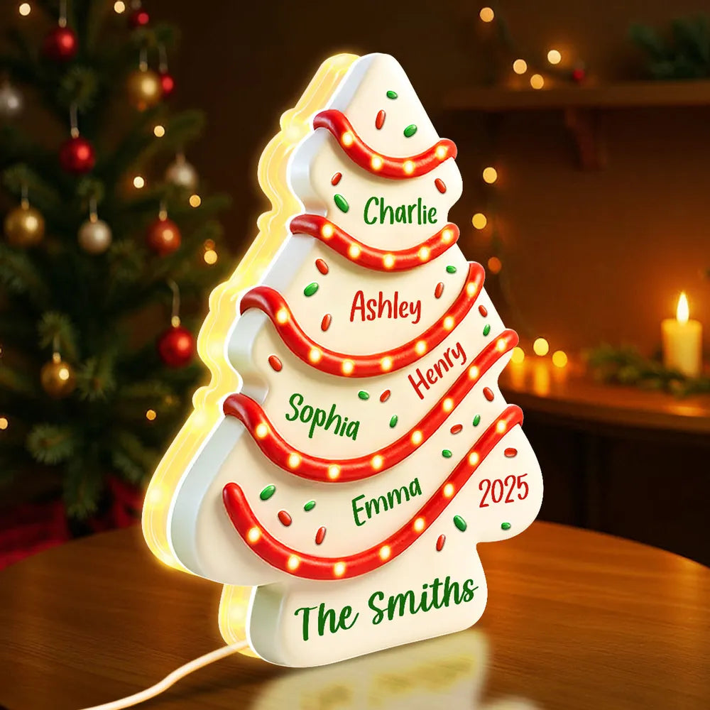 Family Names 3D Effect Christmas Tree Cake - Personalized Acrylic Light Box Christmas Gift For Family