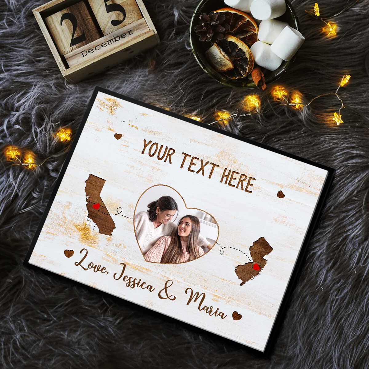 Love Between Mother & Daughter Knows no Distance Wooden Pattern - Personalized Cancas - Gift For Mother, Daughter, Long Distance Gift