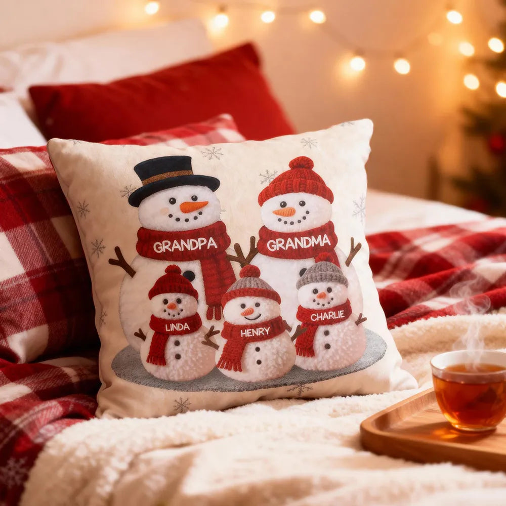 3D Effect Fleece Texture Christmas Grandma Grandkids Snowman Together - Personalized Pillow - Heartwarming Gift For Grandparents