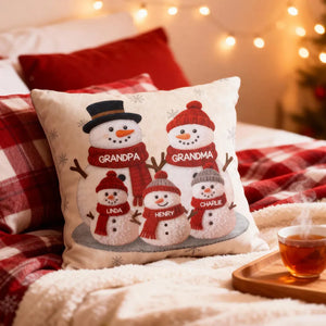 3D Effect Fleece Texture Christmas Grandma Grandkids Snowman Together - Personalized Pillow - Heartwarming Gift For Grandparents