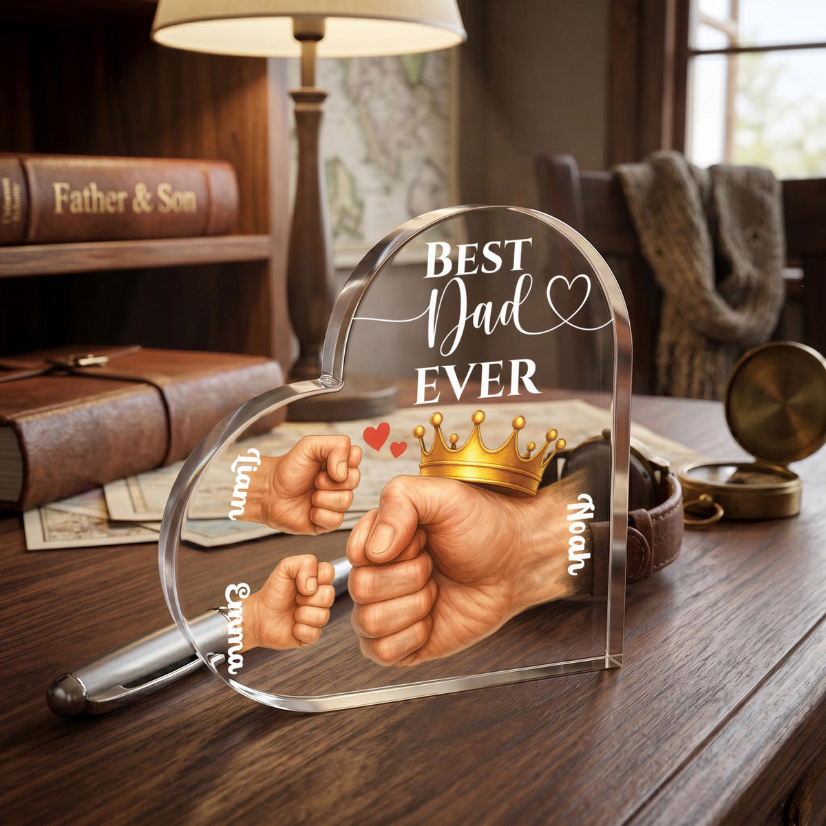 Personalized Father and Kids Fists Acrylic Heart Block, Custom Fathers Day Gift for Dad, Best Dad Ever Keepsake, Dad's Office Desk Decor
