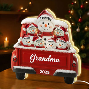 Snowman Grandma & Kids Christmas Red Truck - Personalized Acrylic Light Box - Christmas Gift For Mom, Grandma
