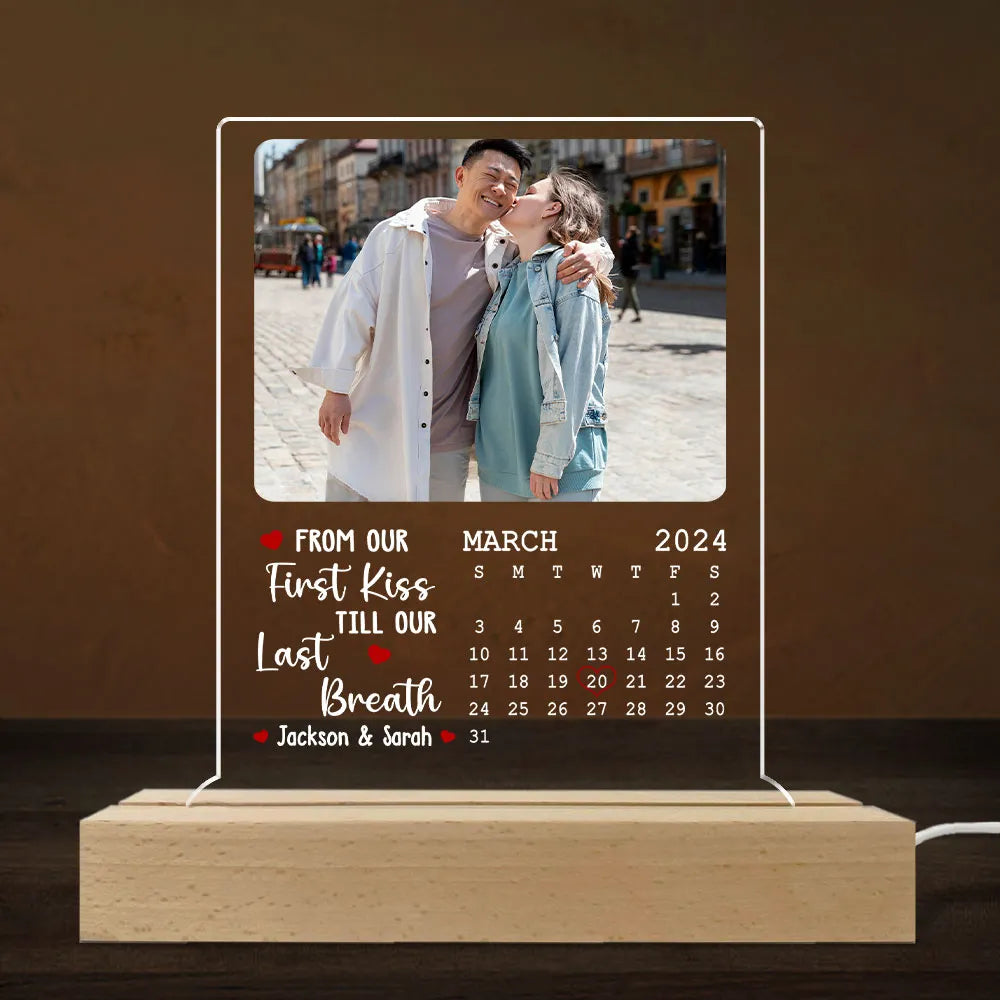 From Our First Kiss Calendar - Personalized 3D LED Light Wooden Base - Anniversary Gift, Valentine's Day Gift For Couple