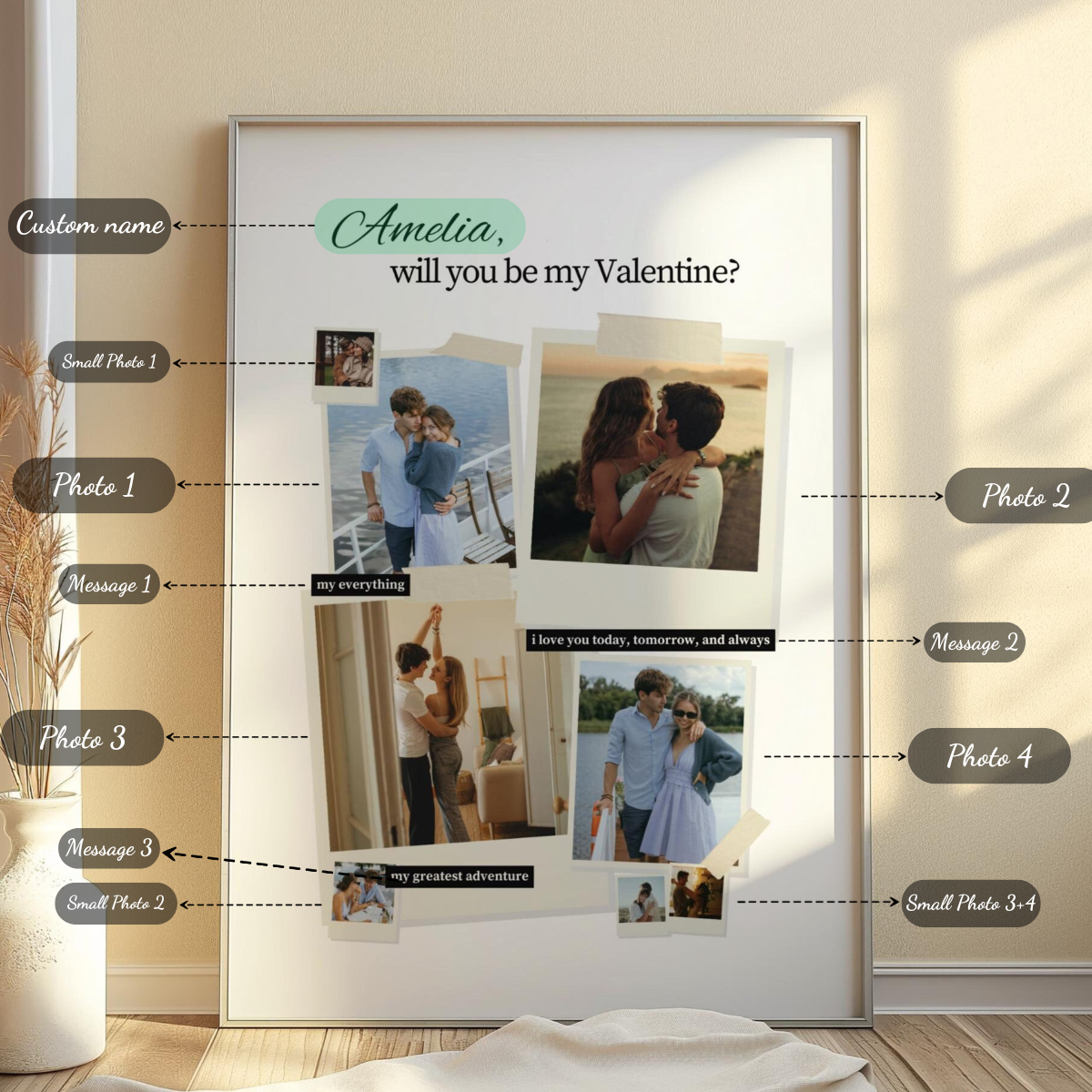 Will You Be My Valentine Custom Polaroid Photo Collage - Personalized Canvas - Anniversary Gift For Him Her, Valentine's Day Gift