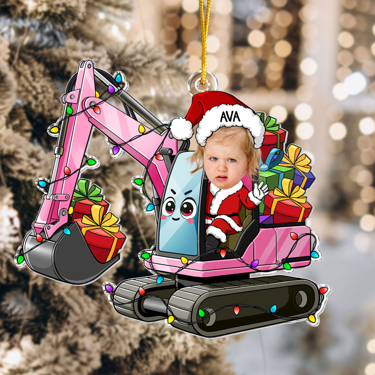 Custom Kid Face Cartoon Excavator - Personalized Acrylic Shaped Ornament - Christmas Gift For Kids