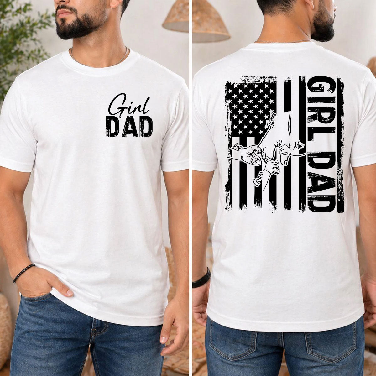 Girl Dad Shirt, Father Daughter Hold Hand Tee, Proud Dad Gift, Vintage American Flag T-Shirt