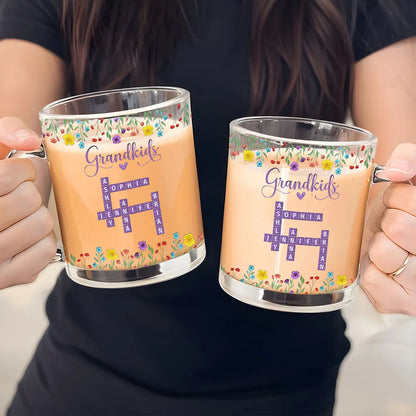 Grandkids Purple Crossword Wildflower Pattern - Personalized Glass Mug - Gift For Grandma Mom, Mother's Day, Birthday Gift