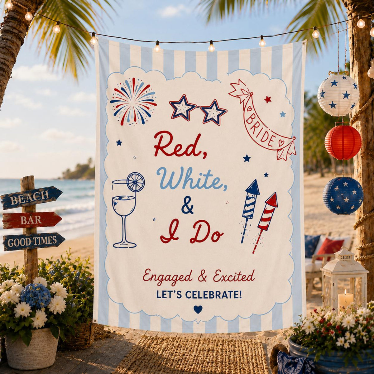 Red White and I Do Engagement Party Banner, Custom Coquette Bow Bridal Shower Backdrop, Patriotic 4th of July Couples Shower Decor, Tapestry