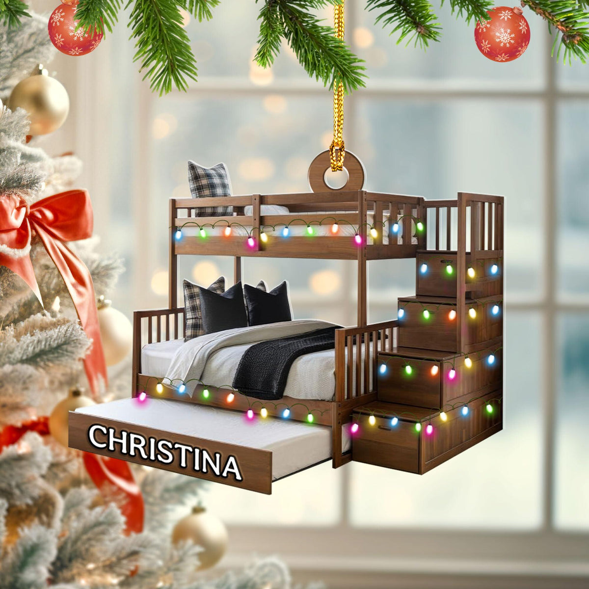 Personalized 2D Bunk Bed Ornament, Twin Over Twin Christmas Decor, Gift For Twins