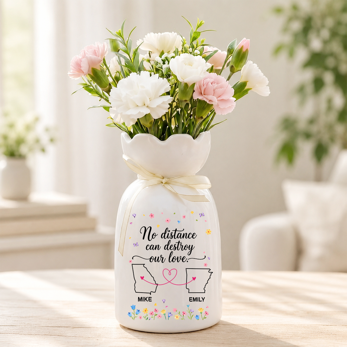 No Distance Can Destroy Our Love - Personalized Custom Ribbon Tie Flower Vase