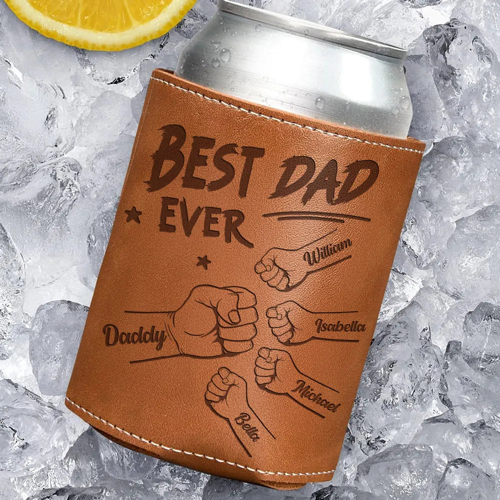 Dad Grandpa & Kid Fist Bump - Personalized Leather Can Cooler - Gift For Dad, Grandpa, Father's Day