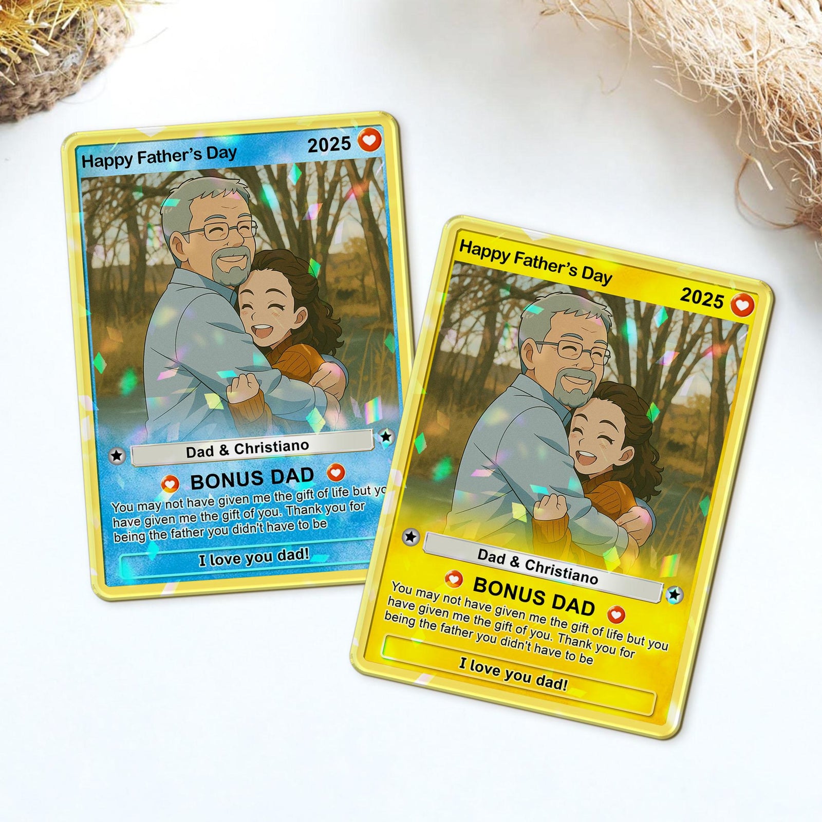 Father's Day Anime Style Card, Fathers Day Gift For Bonus Dad, Step Up Dad Gift, Custom Photo Hologram Card, Gift For Dad, Gift For Husband