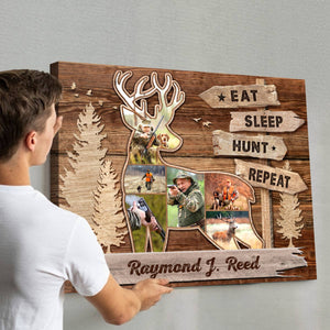 Eat Sleep Hunt Repeat Custom Deer Hunting Collage Canvas, Gift Idea For Hunting Dad Grandpa