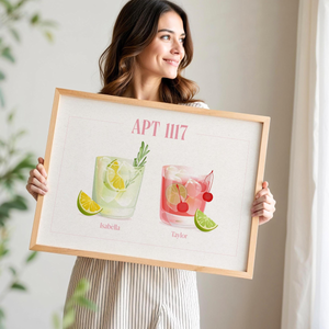 Custom roommates cocktail drink print, Personalised dorm room decor college apartment name sign, wall art decor