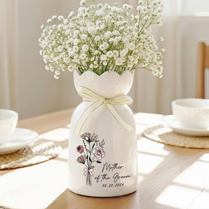 Personalized Bloom Vase For Mother Of The Bride & Groom, Mother's Day Gift For Mom, Birth Month Flower Vase, Mother of the Bride Ceramic Bloom Vase