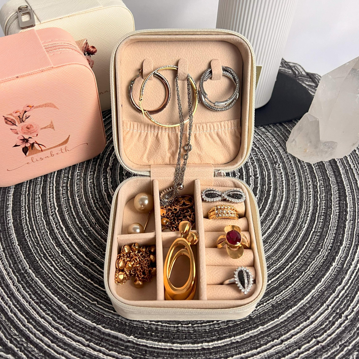 Custom Floral Initial - Personalized Square Jewelry Box - Gift For Mom, Sister, Besties