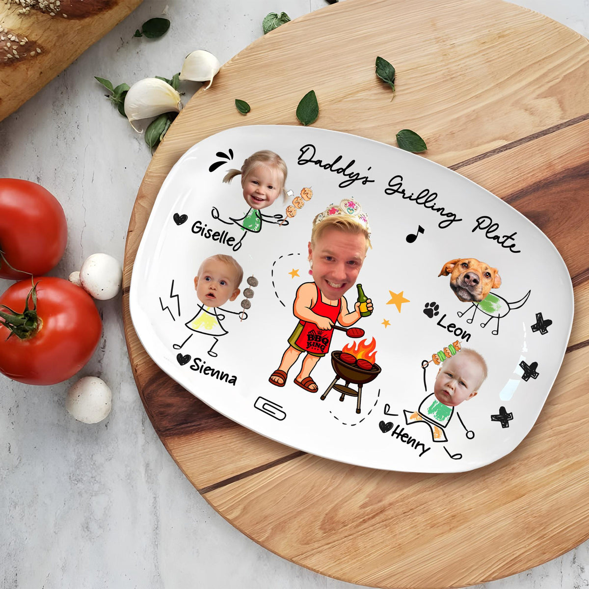 Personalized Face Grilling Platter, Custom Daddy's Grilling Plate with Kids' Names, Father's Day Gift, Funny Gift for Dad, Birthday Gift