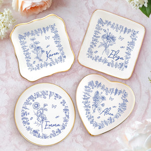 Personalized Birth Flower Trinket Dish, Custom Ceramic Jewelry Tray, Birthday Gift For Her