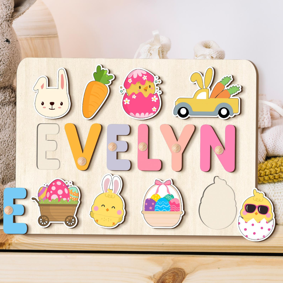 Easter Bunny Name Puzzle For Toddlers, Personalized Name Puzzle For Easter Basket Stuffer, Easter Gifts for Kids, Wooden Toys, Gift for Girl