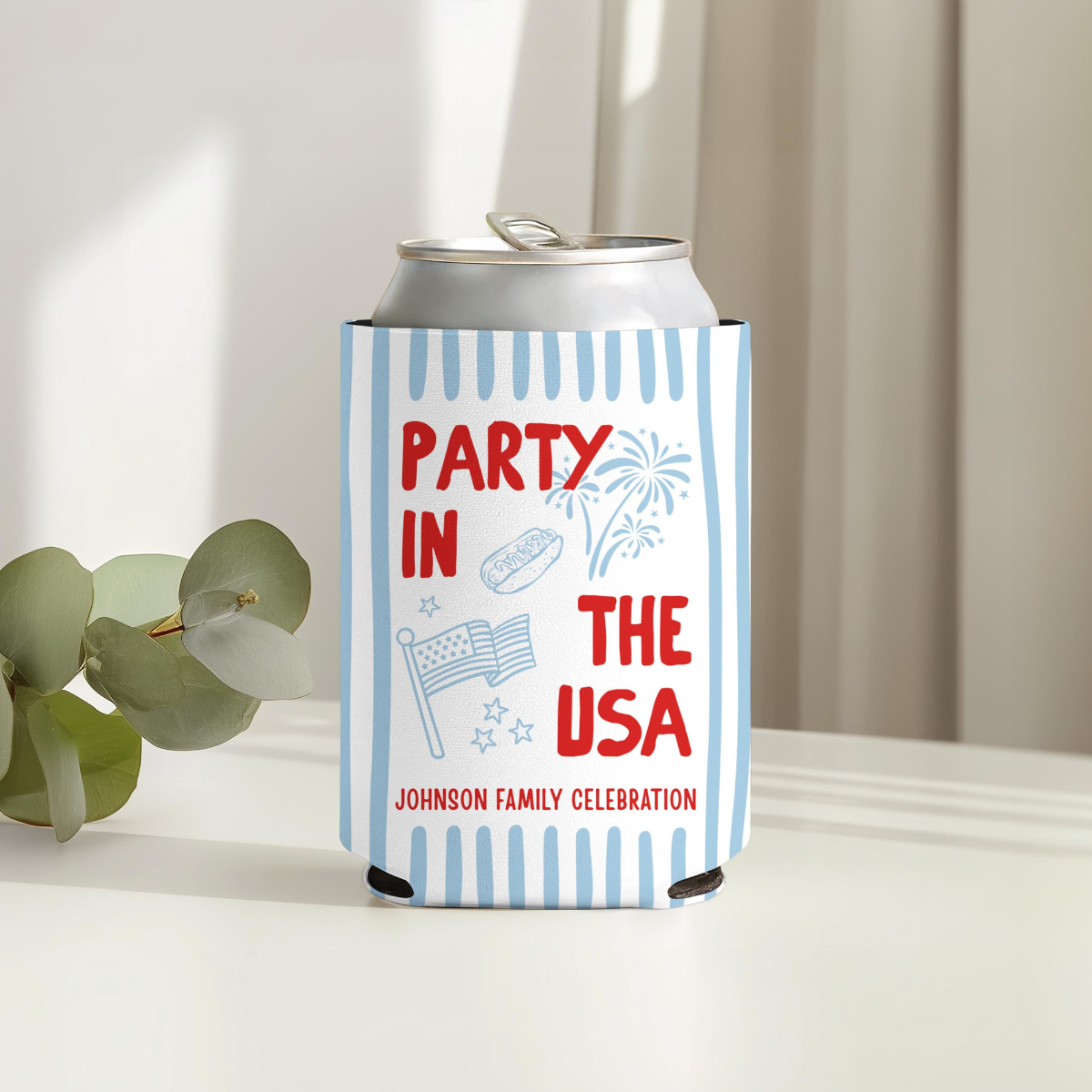 Custom Party in the USA Can Cozie, Personalized 4th of July Family BBQ Party Favor, Patriotic USA 250 Drink Sleeve