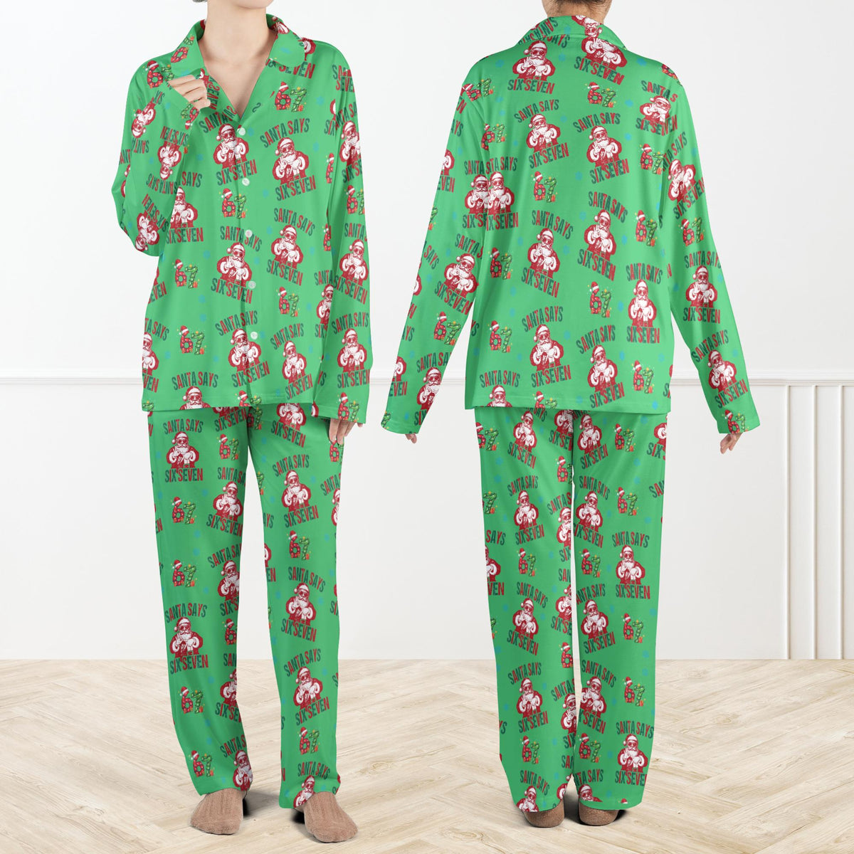 Santa Says Six Seven Meme Christmas Contrast Pajamas Set For Women And Kids, Funny Christmas PJs